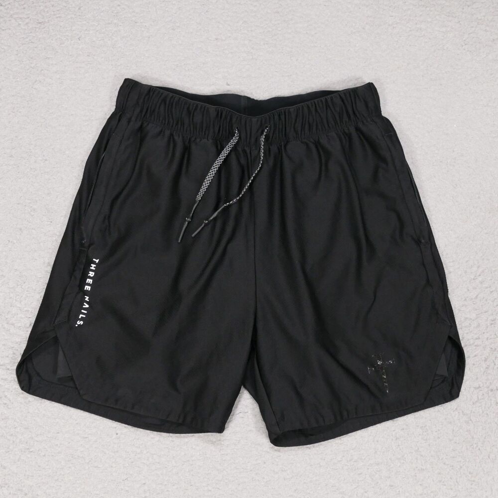 Three Nails Shorts Mens Small Black Lined Athletic Gym Training Workout 5" in
